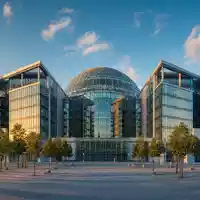 Architekturfoto im Stil der Deutsche Börse AG (ISIN DE0005810055): Modernes europäisches Finanzdistrikt-Gebäude mit markanter Glaskuppel, symmetrischer Fassade aus Glas und Stahl und beleuchtetem Platz bei goldenem Abendlicht - Foto: THN