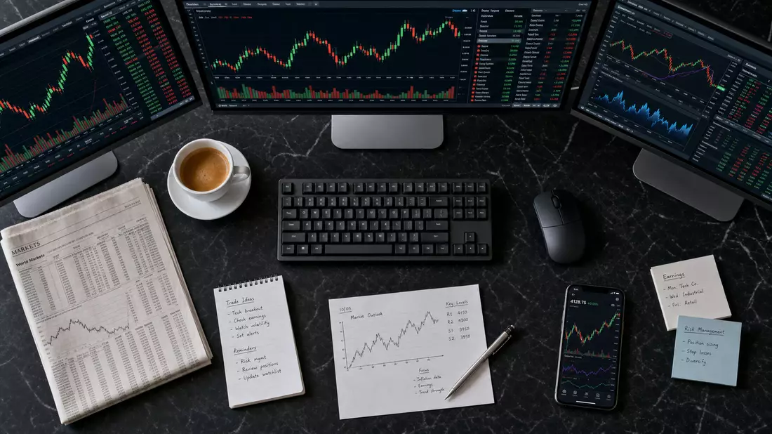 Top-down Flatlay mit Trading-Terminal, Wirtschaftszeitung, Kaffee und Maus auf Marmor