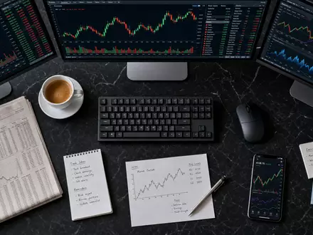 Flatlay-Stillleben für die Deutsche Börse AG (ISIN DE0005810055): Generisches Finanz-Trading-Terminal mit drei Bildschirmen, Wirtschaftszeitung, Kaffeetasse und Handynotizen auf dunklem Marmortisch, professionelle Draufsicht - Foto: THN