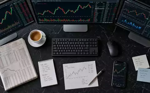 Flatlay-Stillleben für die Deutsche Börse AG (ISIN DE0005810055): Generisches Finanz-Trading-Terminal mit drei Bildschirmen, Wirtschaftszeitung, Kaffeetasse und Handynotizen auf dunklem Marmortisch, professionelle Draufsicht - Foto: THN