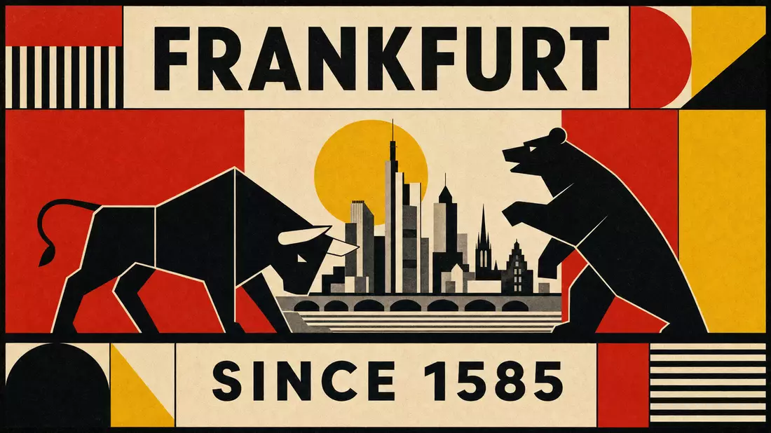 Bauhaus-Poster mit geometrischem Bulle und Bär vor Frankfurter Skyline, SINCE 1585