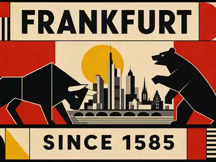 Vintage-Bauhaus-Poster für die Deutsche Börse AG (ISIN DE0005810055): Geometrisches Bull-und-Bear-Motiv mit Frankfurter Skyline, Primärfarben Rot, Schwarz und Gelb, mit den Texten FRANKFURT und SINCE 1585 im Bauhaus-Stil - Foto: THN