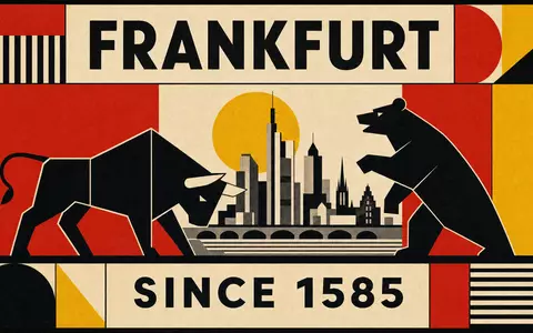Vintage-Bauhaus-Poster für die Deutsche Börse AG (ISIN DE0005810055): Geometrisches Bull-und-Bear-Motiv mit Frankfurter Skyline, Primärfarben Rot, Schwarz und Gelb, mit den Texten FRANKFURT und SINCE 1585 im Bauhaus-Stil - Foto: THN