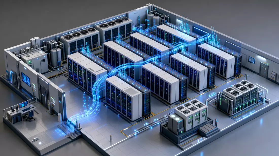 Isometrischer 3D-Render eines Miniatur-Datencenters mit leuchtenden Glasfaserkabeln