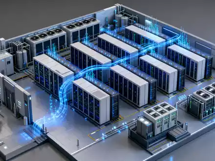 Isometrische 3D-Illustration für die Deutsche Börse AG (ISIN DE0005810055): Miniatur-Rechenzentrum mit Serverreihen in Blau-Weiß, leuchtenden Glasfaserkabeln, Datenströmen und Kühleinheiten in Spielzeugperspektive. - Foto: THN