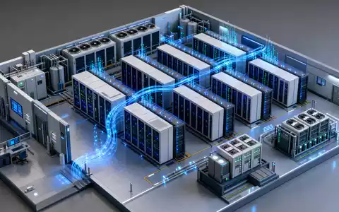 Isometrische 3D-Illustration für die Deutsche Börse AG (ISIN DE0005810055): Miniatur-Rechenzentrum mit Serverreihen in Blau-Weiß, leuchtenden Glasfaserkabeln, Datenströmen und Kühleinheiten in Spielzeugperspektive - Foto: THN