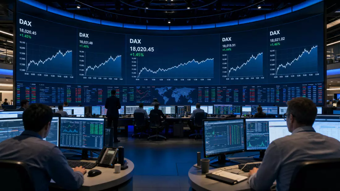 Operationszentrum mit großer DAX-Videowand und Echtzeit-Charts in blauem Ambiente