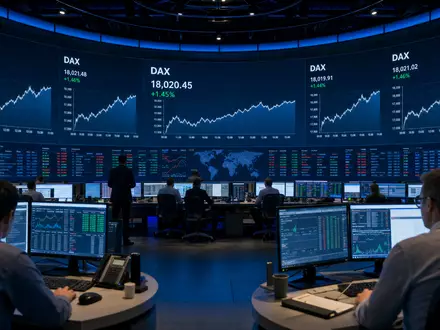 Finanz-Editorial für die Deutsche Börse AG (ISIN DE0005810055): Marktdaten-Operationszentrum mit großer gebogener Videowand, DAX-Echtzeit-Charts und Kurven, Operatoren an Workstations in blauem Umgebungslicht - Foto: THN
