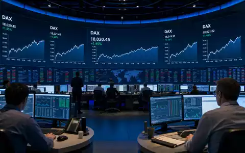 Finanz-Editorial für die Deutsche Börse AG (ISIN DE0005810055): Marktdaten-Operationszentrum mit großer gebogener Videowand, DAX-Echtzeit-Charts und Kurven, Operatoren an Workstations in blauem Umgebungslicht - Foto: THN