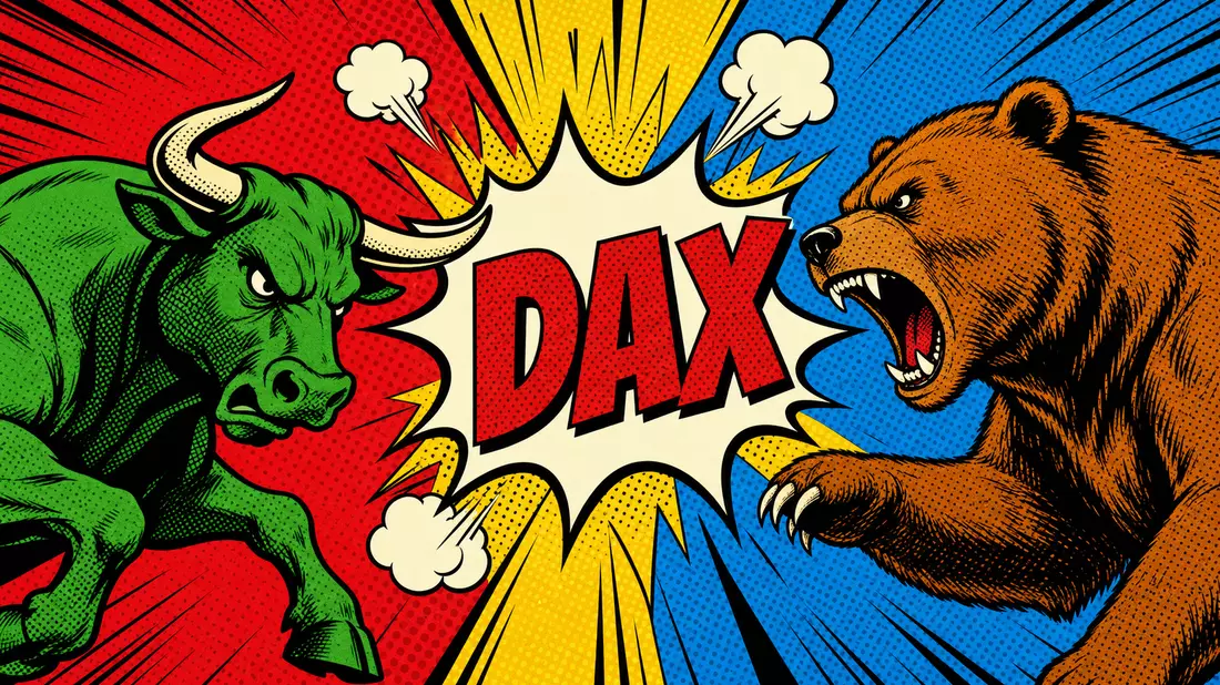 Pop-Art-Comicbild mit stilisiertem Bullen und Bären und DAX-Aufschrift in Blockbuchstaben