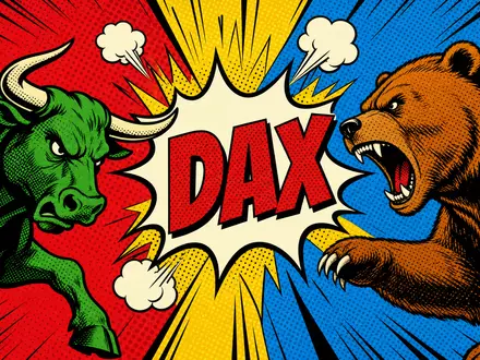Pop-Art-Comic-Illustration für die Deutsche Börse AG (ISIN DE0005810055): Stilisierter grüner Bulle gegen braunen Bär in Roy-Lichtenstein-Manier, großes DAX-Schild in Blockbuchstaben, Halbtonpunktmuster, kräftige Primärfarben - Foto: THN