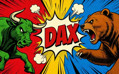 Pop-Art-Comic-Illustration für die Deutsche Börse AG (ISIN DE0005810055): Stilisierter grüner Bulle gegen braunen Bär in Roy-Lichtenstein-Manier, großes DAX-Schild in Blockbuchstaben, Halbtonpunktmuster, kräftige Primärfarben - Foto: THN