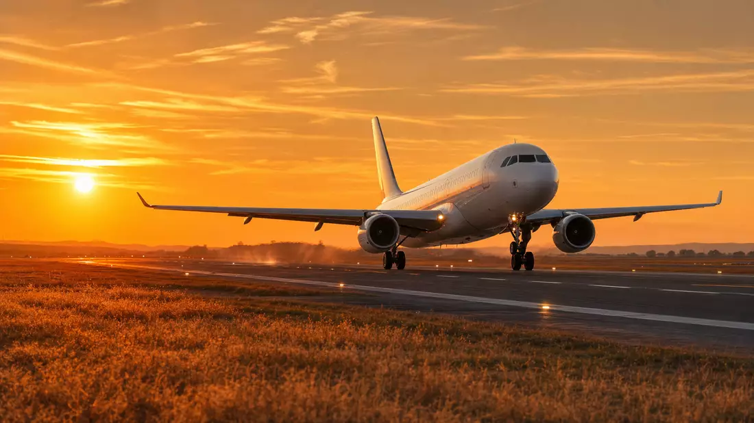 Weißes Passagierflugzeug beim Start in goldenes Abendlicht auf einer Landebahn