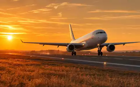Fotorealistisches Stockbild für Deutsche Lufthansa AG (ISIN DE0008232125): Ein generisches, ungebrandetes Verkehrsflugzeug beim Start in warmem goldenem Abendlicht auf einer langen Landebahn, dramatischer Sonnenuntergang im Hintergrund - Foto: THN