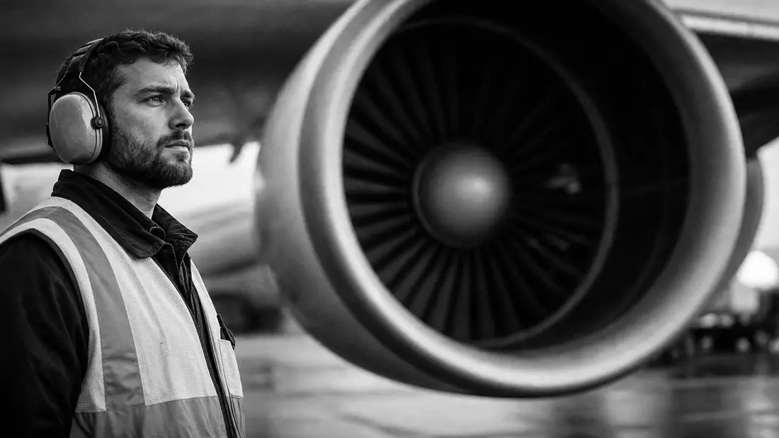 Bodenpersonal mit Headset vor Flugzeugtriebwerk, Schwarzweiß