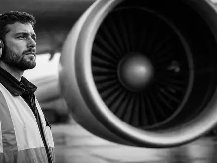 Schwarzweiß-Reportagefoto für Deutsche Lufthansa AG (ISIN DE0008232125): Bodenpersonal mit Gehörschutz-Headset und Warnweste steht auf dem Vorfeld vor einem massiven Strahltriebwerk. Hochkontrast, dokumentarischer Stil - Foto: THN