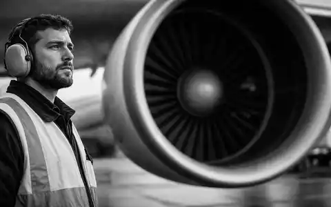 Schwarzweiß-Reportagefoto für Deutsche Lufthansa AG (ISIN DE0008232125): Bodenpersonal mit Gehörschutz-Headset und Warnweste steht auf dem Vorfeld vor einem massiven Strahltriebwerk. Hochkontrast, dokumentarischer Stil - Foto: THN