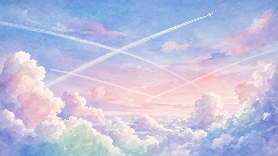 Aquarell-Illustration von Kondensstreifen über Pastellwolken