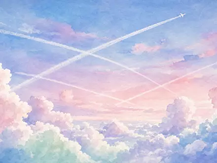 Aquarell-Illustration für Deutsche Lufthansa AG (ISIN DE0008232125): Zarte handgemalte Kondensstreifen kreuzen sich über einer pastellfarbenen Wolkenlandschaft mit einem kleinen generischen Flugzeugsilhouetten-Motiv - Foto: THN