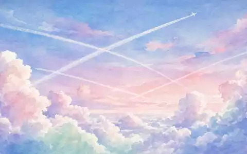 Aquarell-Illustration für Deutsche Lufthansa AG (ISIN DE0008232125): Zarte handgemalte Kondensstreifen kreuzen sich über einer pastellfarbenen Wolkenlandschaft mit einem kleinen generischen Flugzeugsilhouetten-Motiv - Foto: THN