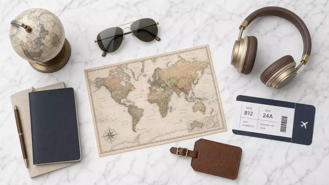Reise-Flatlay mit Reisepass, Bordkarte, Sonnenbrille, Kopfhörern und Weltkarte