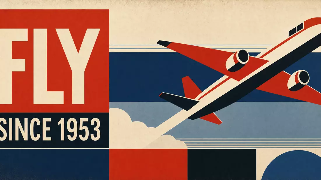 Bauhaus-Poster mit geometrischem Flugzeug, FLY SINCE 1953