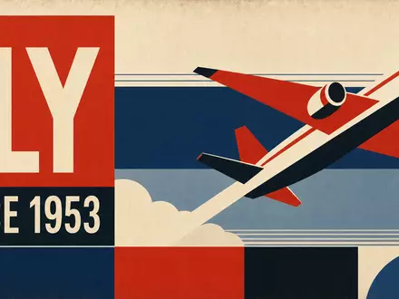 Vintage-Bauhaus-Poster für Deutsche Lufthansa AG (ISIN DE0008232125): Geometrisch stilisiertes Flugzeug in kräftigen Primärfarben mit konstruktivistischem Rasterlayout und den Aufschriften FLY und SINCE 1953 im Bauhaus-Stil - Foto: THN