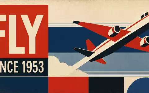 Vintage-Bauhaus-Poster für Deutsche Lufthansa AG (ISIN DE0008232125): Geometrisch stilisiertes Flugzeug in kräftigen Primärfarben mit konstruktivistischem Rasterlayout und den Aufschriften FLY und SINCE 1953 im Bauhaus-Stil - Foto: THN