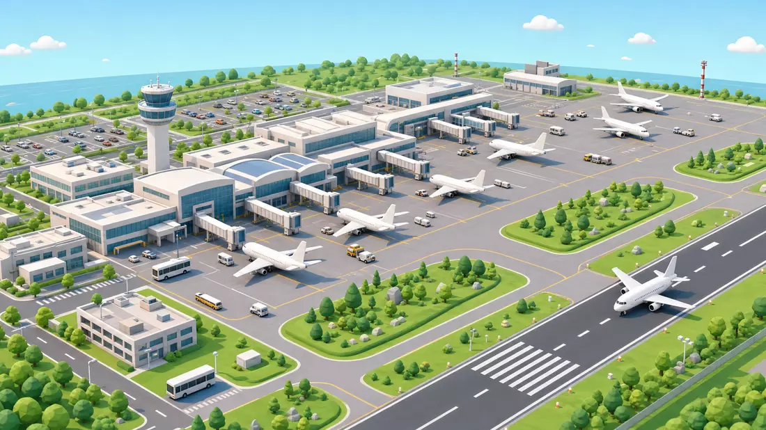 Isometrischer 3D-Miniatur-Flughafen mit Terminals, Gates und Flugzeugen