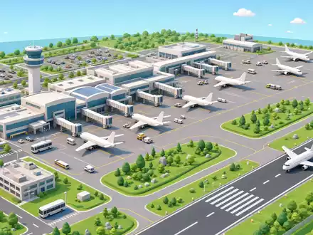 Isometrische 3D-Illustration für Deutsche Lufthansa AG (ISIN DE0008232125): Miniatur-Flughafen im Low-Poly-Stil mit Terminals, Jetways, Gates, Rollfeld und weißen generischen Passagiermaschinen, Bodenfahrzeuge und Grünflächen - Foto: THN