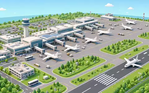 Isometrische 3D-Illustration für Deutsche Lufthansa AG (ISIN DE0008232125): Miniatur-Flughafen im Low-Poly-Stil mit Terminals, Jetways, Gates, Rollfeld und weißen generischen Passagiermaschinen, Bodenfahrzeuge und Grünflächen - Foto: THN