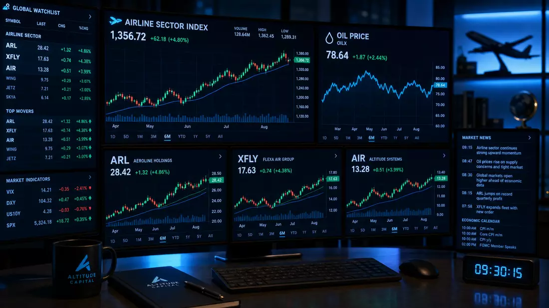 Trading-Screens mit Airline-Sektor-Index-Charts und Ölpreis in blauem Bildschirmlicht