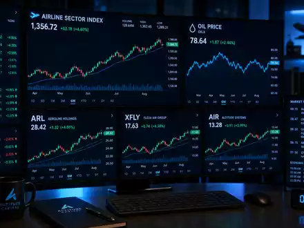 Finanz-Editorial-Bild für Deutsche Lufthansa AG (ISIN DE0008232125): Mehrere Tradingmonitore zeigen Aktien-Kursdiagramme, Candlestick-Charts und einen Airline-Sektor-Index sowie Ölpreis-Ticker mit fiktiven generischen Börsensymbolen - Foto: THN