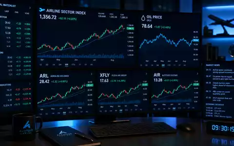 Finanz-Editorial-Bild für Deutsche Lufthansa AG (ISIN DE0008232125): Mehrere Tradingmonitore zeigen Aktien-Kursdiagramme, Candlestick-Charts und einen Airline-Sektor-Index sowie Ölpreis-Ticker mit fiktiven generischen Börsensymbolen - Foto: THN
