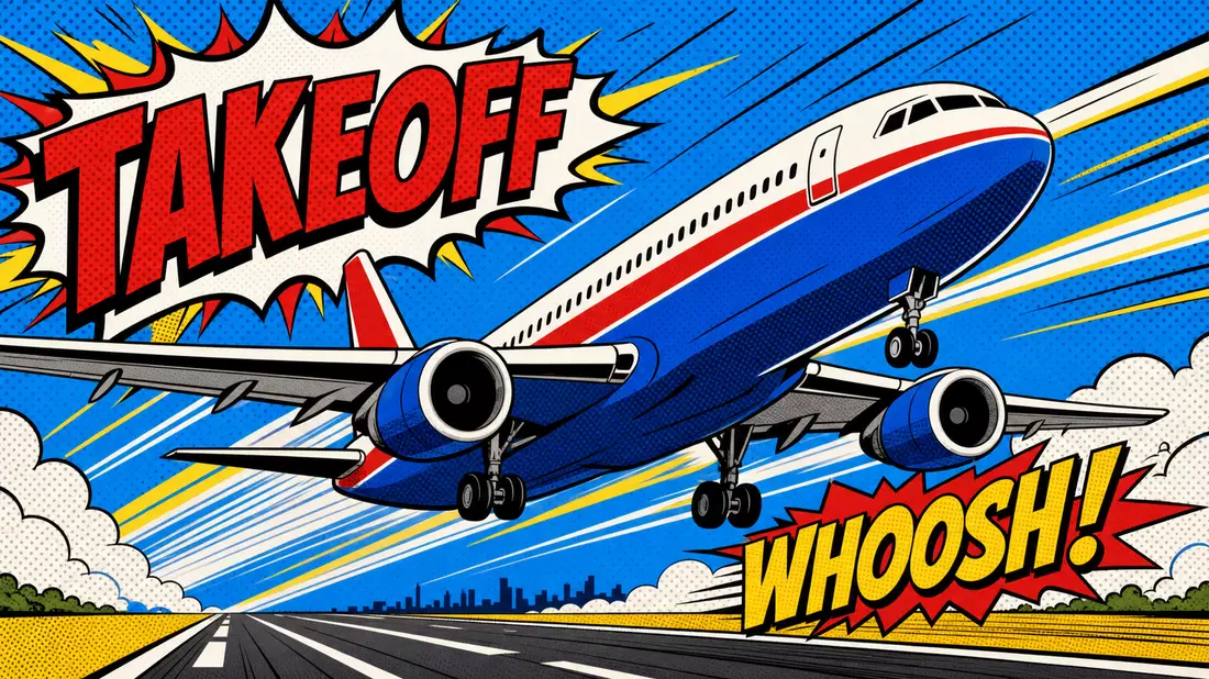 Pop-Art-Comic-Flugzeug mit TAKEOFF-Schriftzug und Speedlines