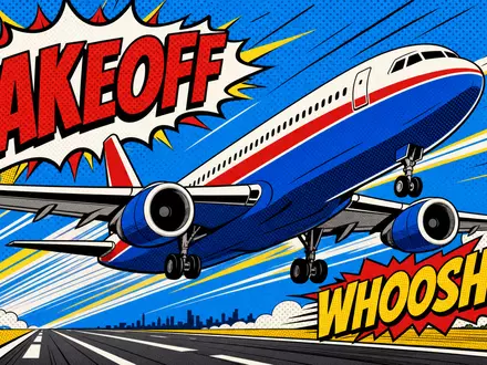Pop-Art-Comic-Illustration für Deutsche Lufthansa AG (ISIN DE0008232125): Fett stilisiertes Comicbuch-Passagierflugzeug mit dramatischen Speedlines, Ben-Day-Dots, knalligen Primärfarben und Comic-Aufschriften TAKEOFF und WHOOSH im Retro-1960er-Stil - Foto: THN