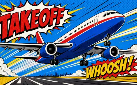 Pop-Art-Comic-Illustration für Deutsche Lufthansa AG (ISIN DE0008232125): Fett stilisiertes Comicbuch-Passagierflugzeug mit dramatischen Speedlines, Ben-Day-Dots, knalligen Primärfarben und Comic-Aufschriften TAKEOFF und WHOOSH im Retro-1960er-Stil - Foto: THN