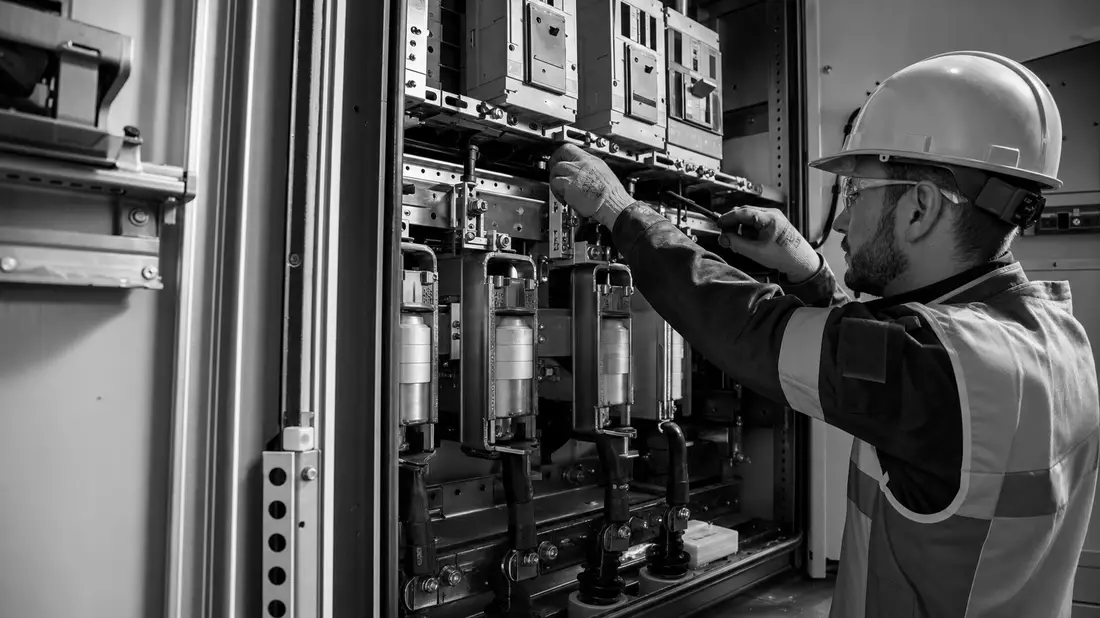 Techniker in Schwarzweiß arbeitet an Hochspannungs-Schaltanlage