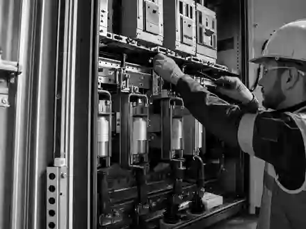 Schwarzweißes Reportagebild eines Elektrotechnikers mit Schutzhelm und Sicherheitsweste, der an einem industriellen Hochspannungs-Schaltschrank arbeitet. Dichte Reihen von Leistungsschaltern, Sammelschienen und Sicherungen im dramatischen Lichtkontrast. Diese Aufnahme symbolisiert die Netzinfrastruktur-Kompetenz von E.ON SE (ISIN DE000ENAG999) als Stromnetzbetreiber - Foto: THN