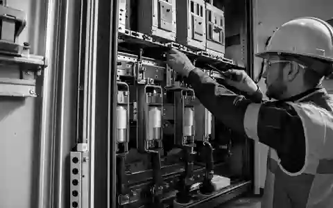 SchwarzweiĂźes Reportagebild eines Elektrotechnikers mit Schutzhelm und Sicherheitsweste, der an einem industriellen Hochspannungs-Schaltschrank arbeitet. Dichte Reihen von Leistungsschaltern, Sammelschienen und Sicherungen im dramatischen Lichtkontrast. Diese Aufnahme symbolisiert die Netzinfrastruktur-Kompetenz von E.ON SE (ISIN DE000ENAG999) als Stromnetzbetreiber - Foto: THN