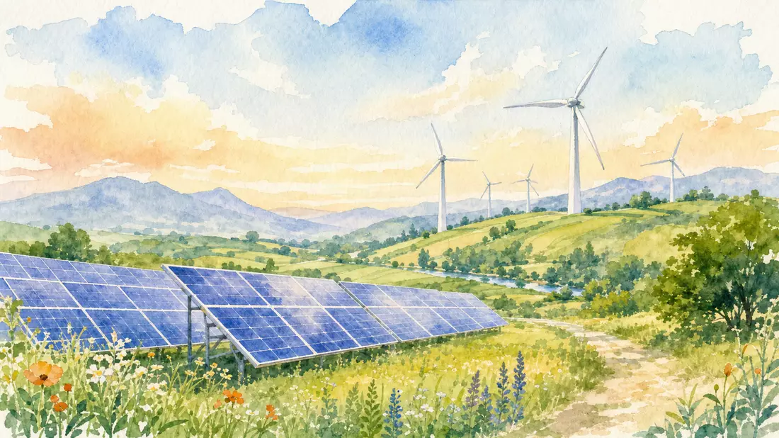 Aquarell-Illustration mit Solarpanelen und Windrädern in Pastellfarben