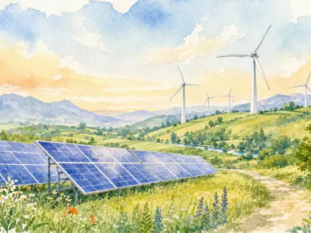 Weiche Aquarell-Illustration einer idyllischen Landschaft mit Solarpanelen im Vordergrund und Windrädern im Hintergrund. Sanfte Pastelltöne in Blau, Grün und Gelb mit sichtbarer Papiertextur und lockeren Pinselstrichen. Diese künstlerische Komposition steht für die Vision nachhaltiger Energieversorgung, wie sie E.ON SE (ISIN DE000ENAG999) als Energieversorger verfolgt - Foto: THN