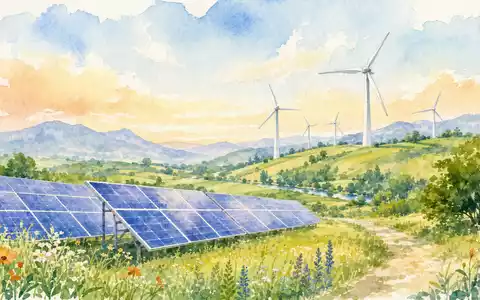 Weiche Aquarell-Illustration einer idyllischen Landschaft mit Solarpanelen im Vordergrund und Windrädern im Hintergrund. Sanfte Pastelltöne in Blau, Grün und Gelb mit sichtbarer Papiertextur und lockeren Pinselstrichen. Diese künstlerische Komposition steht für die Vision nachhaltiger Energieversorgung, wie sie E.ON SE (ISIN DE000ENAG999) als Energieversorger verfolgt - Foto: THN