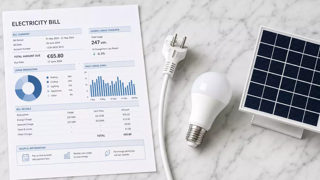 Flatlay mit Stromrechnung, Stecker, LED-Lampe und Solarmodul auf Marmor