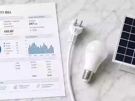 Professionelle Draufsicht-Flatlay-Aufnahme auf weißem Marmorgrund mit einer generischen Stromrechnung, einem europäischen Stecker, einer modernen LED-Glühbirne und einem kleinen Solarmodul-Modell. Helles Studio-Licht unterstreicht die Alltagsrelevanz der Stromversorgung. Das Bild steht für das Kerngeschäft von E.ON SE (ISIN DE000ENAG999) im Bereich Energieversorgung - Foto: THN