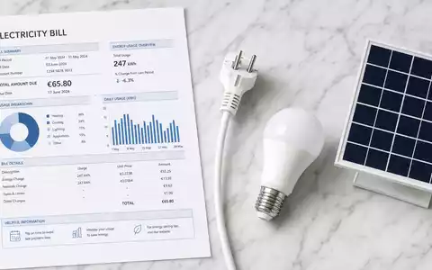 Professionelle Draufsicht-Flatlay-Aufnahme auf weißem Marmorgrund mit einer generischen Stromrechnung, einem europäischen Stecker, einer modernen LED-Glühbirne und einem kleinen Solarmodul-Modell. Helles Studio-Licht unterstreicht die Alltagsrelevanz der Stromversorgung. Das Bild steht für das Kerngeschäft von E.ON SE (ISIN DE000ENAG999) im Bereich Energieversorgung - Foto: THN