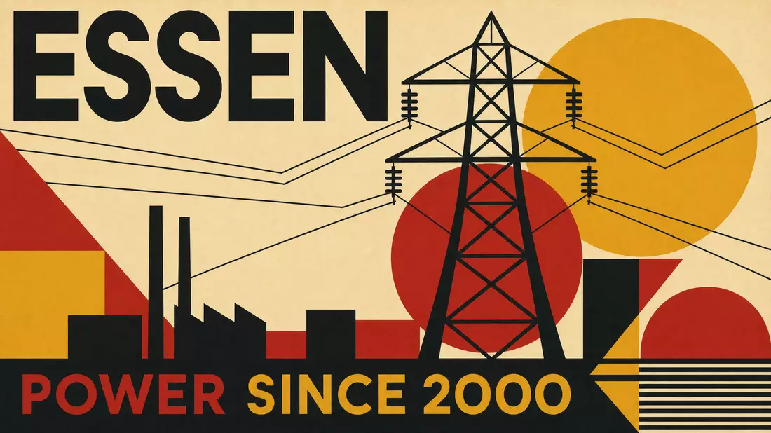 Bauhaus-Poster mit geometrischem Strommast, Schriftzug ESSEN und POWER SINCE 2000