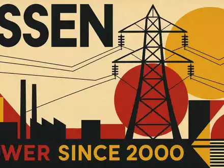 Grafisches Bauhaus-Poster im Vintage-Stil mit einem geometrisch stilisierten Hochspannungsstrommast aus schwarzen und roten Formen. Kräftige Typografie mit den Aufschriften ESSEN und POWER SINCE 2000 auf cremegelbem Hintergrund. Die industriegeschichtliche Ästhetik verweist auf den Standort Essen und die Energiegeschichte von E.ON SE (ISIN DE000ENAG999) - Foto: THN