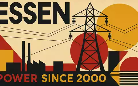 Grafisches Bauhaus-Poster im Vintage-Stil mit einem geometrisch stilisierten Hochspannungsstrommast aus schwarzen und roten Formen. Kräftige Typografie mit den Aufschriften ESSEN und POWER SINCE 2000 auf cremegelbem Hintergrund. Die industriegeschichtliche Ästhetik verweist auf den Standort Essen und die Energiegeschichte von E.ON SE (ISIN DE000ENAG999) - Foto: THN
