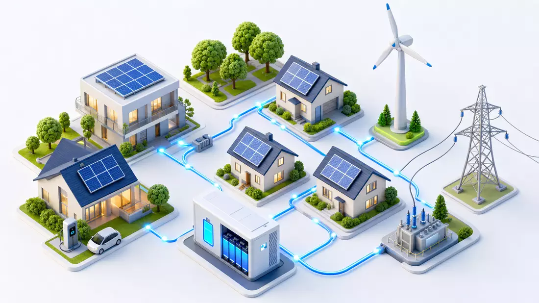 Isometrisches 3D-Modell eines Smart Grids mit Häusern, Solar, Wind und Batteriespeicher
